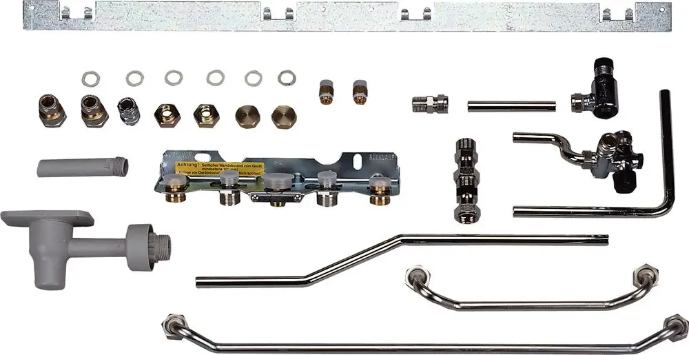 Installationszubehör von Bosch mit verschiedenen Rohrleitungen, Anschlüssen und Halterungen, geeignet für die Montage von Heizungs- oder Kühlsystemen.